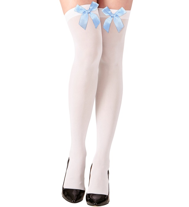 [2035C] "CHAUSSETTES HAUTES BLANC AVEC NOEUDS EN VICHY BLEUS CLAIR" 70 DEN