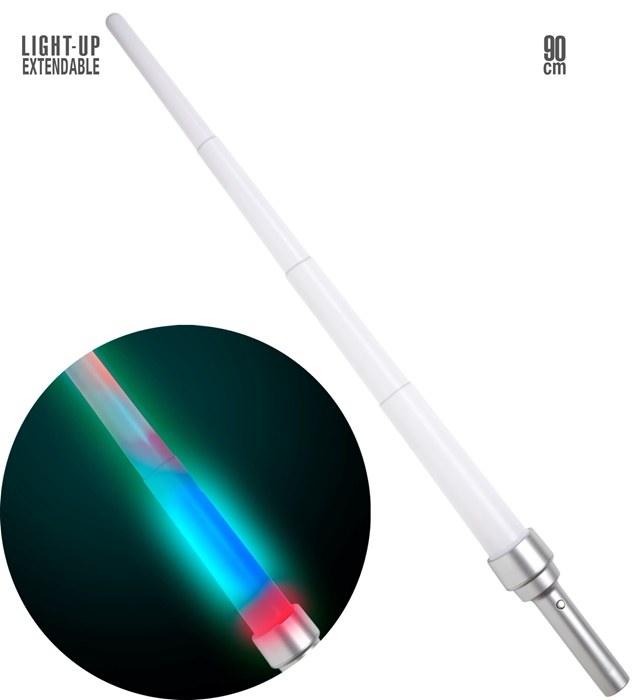 "EPEE LASER EXTENSIBLE" 90 cm - 4 fonctions lumineuses (lumière clignotante rapide à couleur changeante, lumière déclinante à couleur changeante, lumière blanche constante, lumière clignotante rapide rouge-vert-bleu)