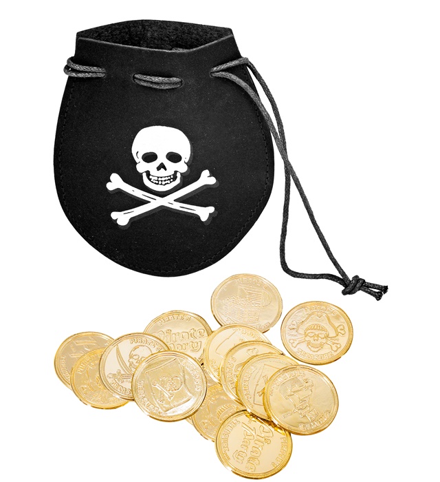 [21075] "POCHE PIRATE AVEC 12 DOUBLONS EN OR"