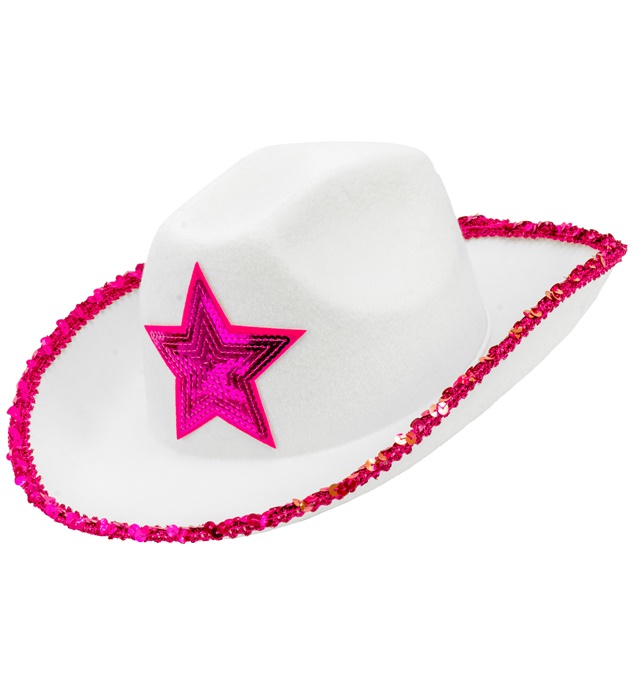 "CHAPEAU FETE BLANC AVEC ETOILE PAILLETTES FUSCHIA"