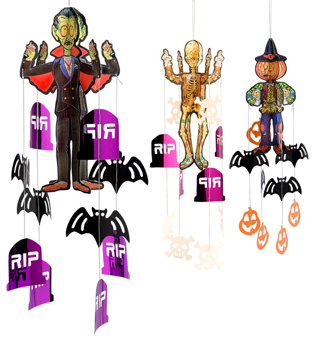"PERSONNAGE HALLOWEEN AVEC DECORATIONS PENDUES" 3 styles: vampire - épouvantail - squelette