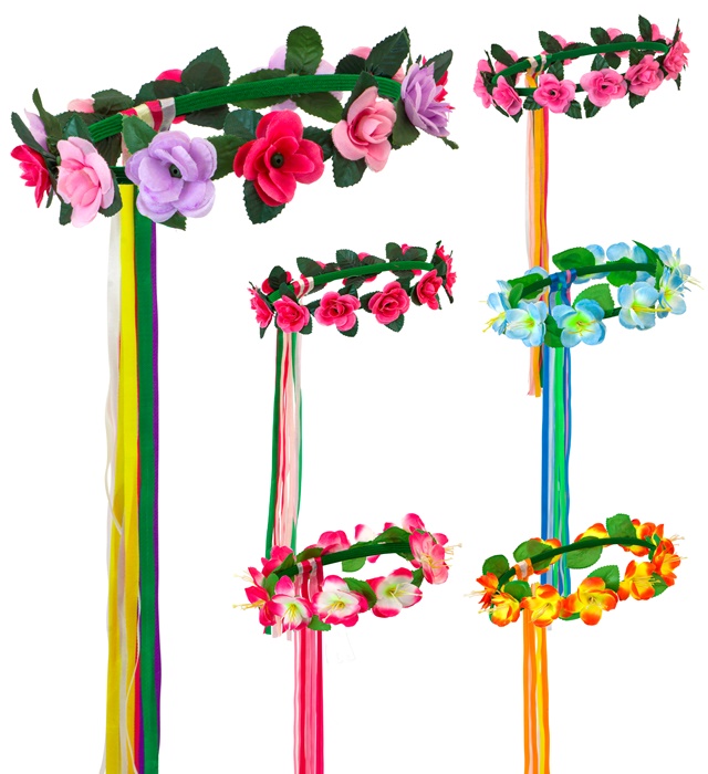 [2433F] "DIADEME A FLEURS AVEC RUBANS MULTICOLORES" 6 styles ass.