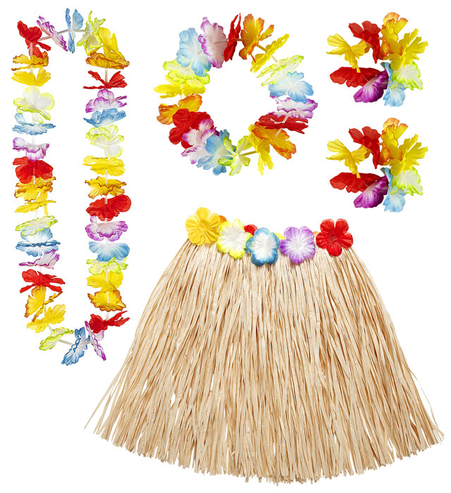 "SET HAWAIEN" (jupe hula avec ceinture de fleurs, collier, couronne, 2 bracelets)