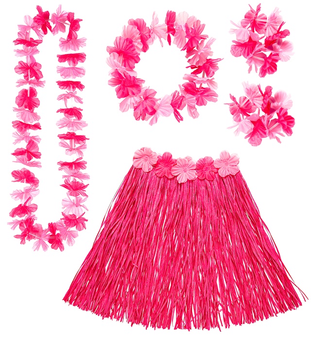 "SET HAWAIEN ROSE" (jupe hula avecceinture de fleurs, collier de fleurs, couronne, 2 bracelets)
