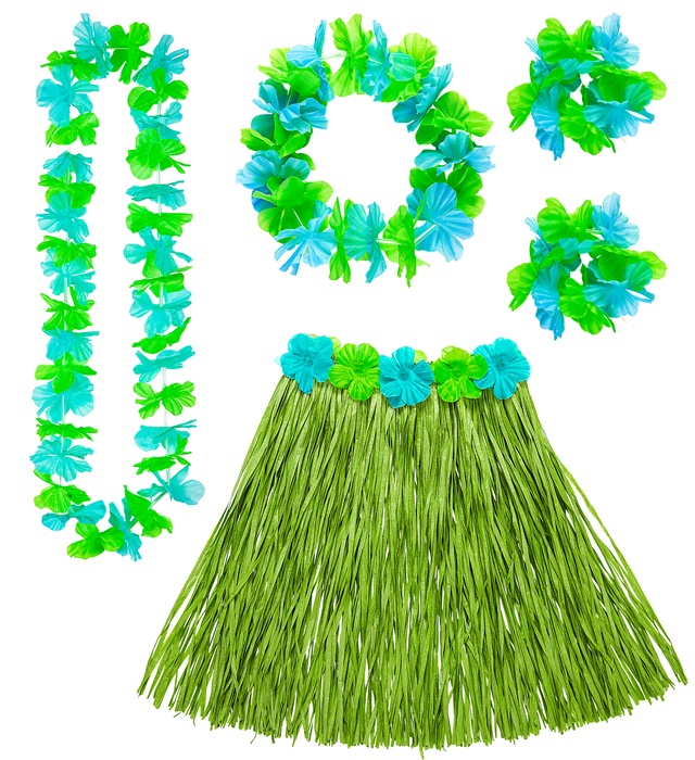 "SET HAWAIEN VERT " (jupe hula avecceinture de fleurs, collier, couronne, 2 bracelets)
