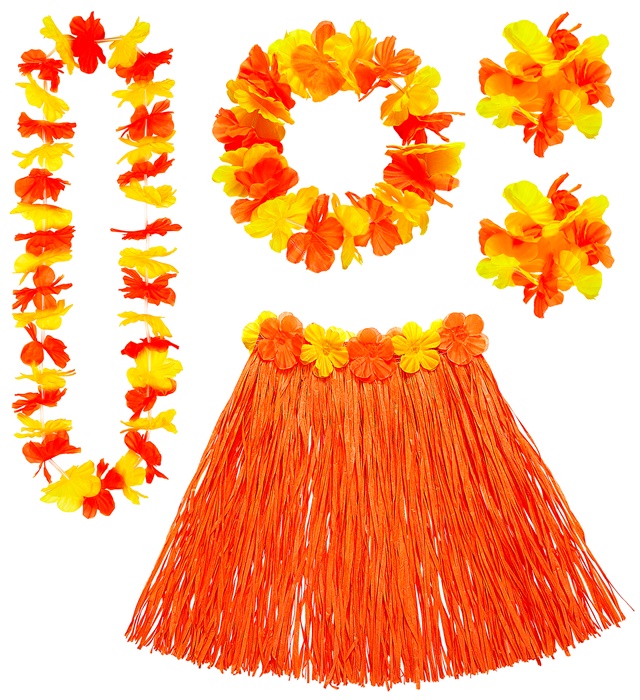 "SET HAWAIEN ORANGE" (jupe hula avecceinture de fleurs, collier, couronne, 2 bracelets)