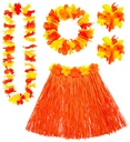 "SET HAWAIEN ORANGE" (jupe hula avecceinture de fleurs, collier, couronne, 2 bracelets)