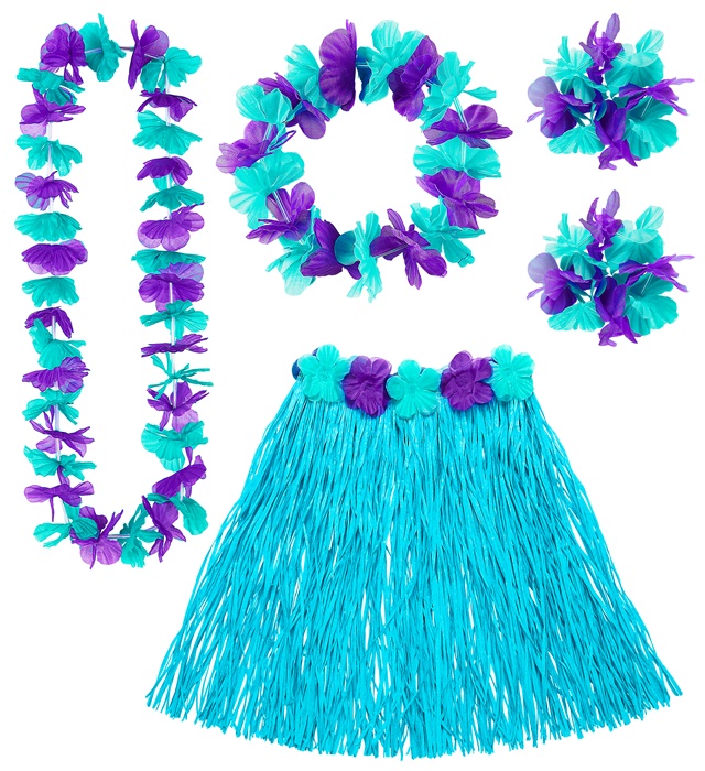 "SET HAWAIEN BLEU" (jupe hula avecceinture de fleurs, collier, couronne, 2 bracelets)