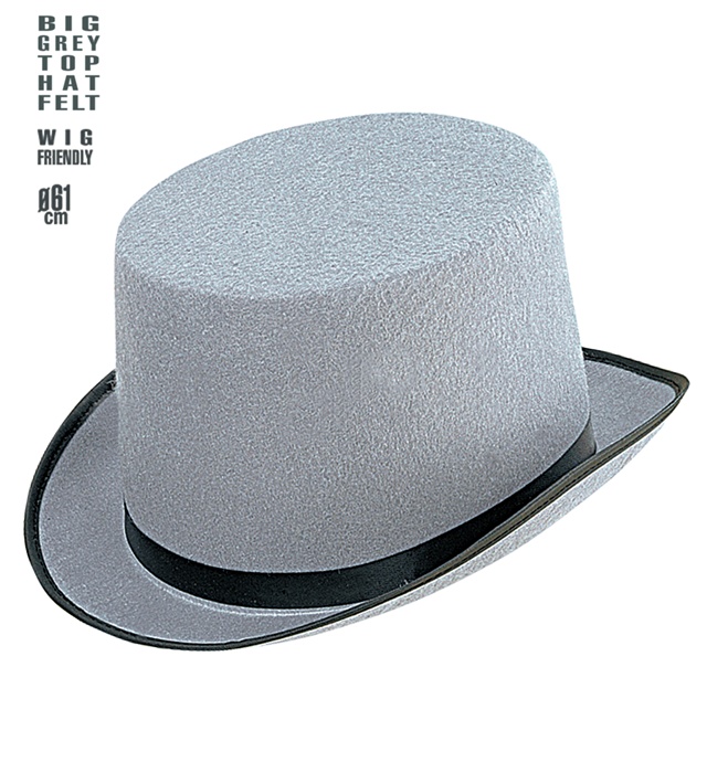 [2481C] GRAND CHAPEAU HAUT DE FORME GRIS" 12 cm - adapté au port d’une perruque - taille 61 cm