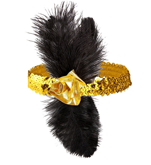 [2626T] "BANDEAU A PAILLETTES DORE 1920'S AVEC FLEUR & PLUMES"