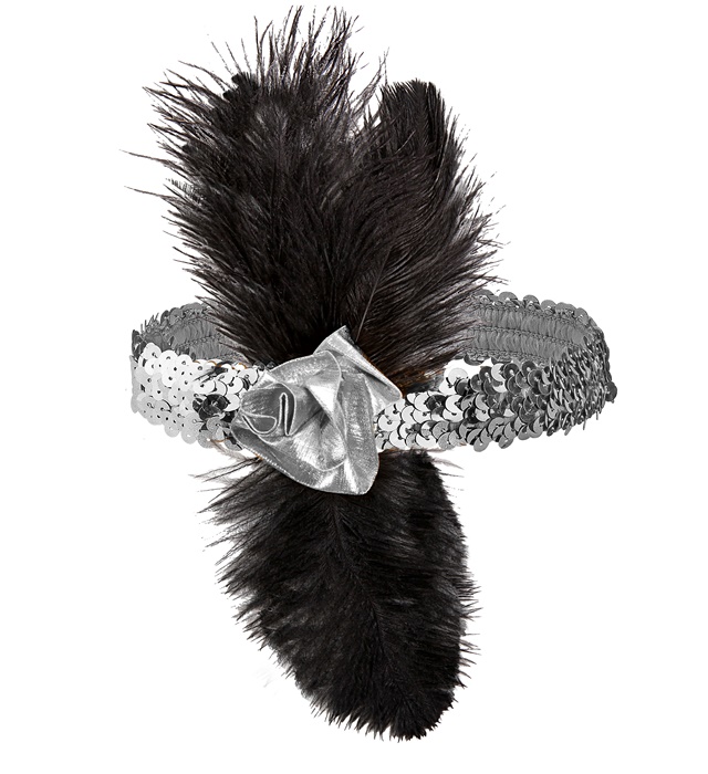 [2627N] "BANDEAU A PAILLETTES ARGENT 1920'S AVEC FLEUR & PLUMES"