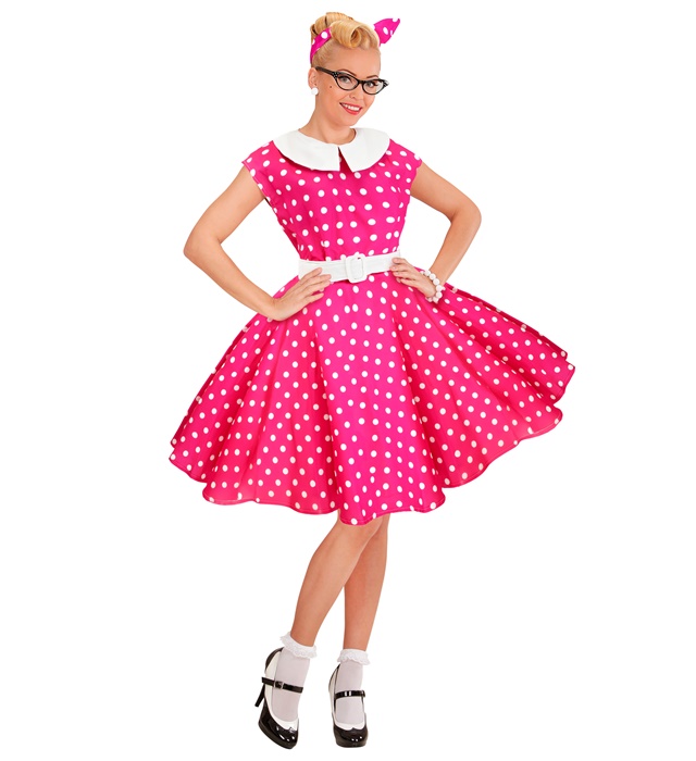 [27301] "MODE ROCK'N'ROLL DES ANNEES 50 FUCHSIA" (robe avec jupon, ceinture, bandeau) (S)
