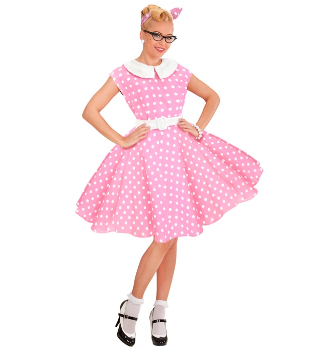 [27311] "MODE ROCK'N'ROLL DES ANNEES 50 ROSE" (robe avec jupon, ceinture, bandeau) (S)
