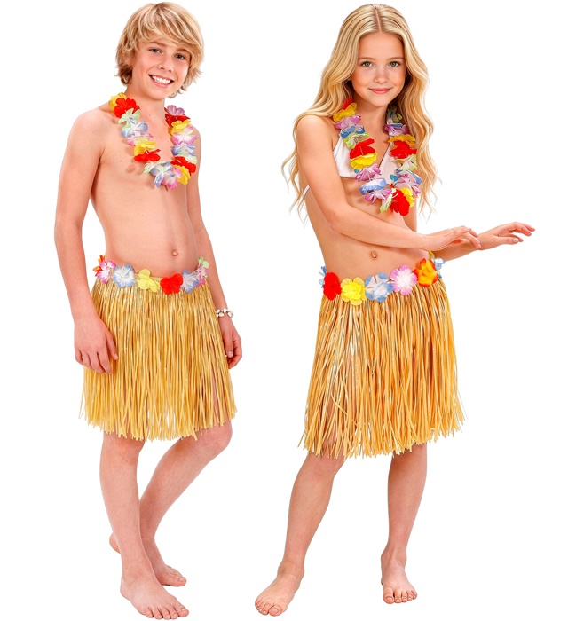 "JUPE HULA HAWAIENNE AVEC CEINTURE A FLEURS" 40 cm pour enfant