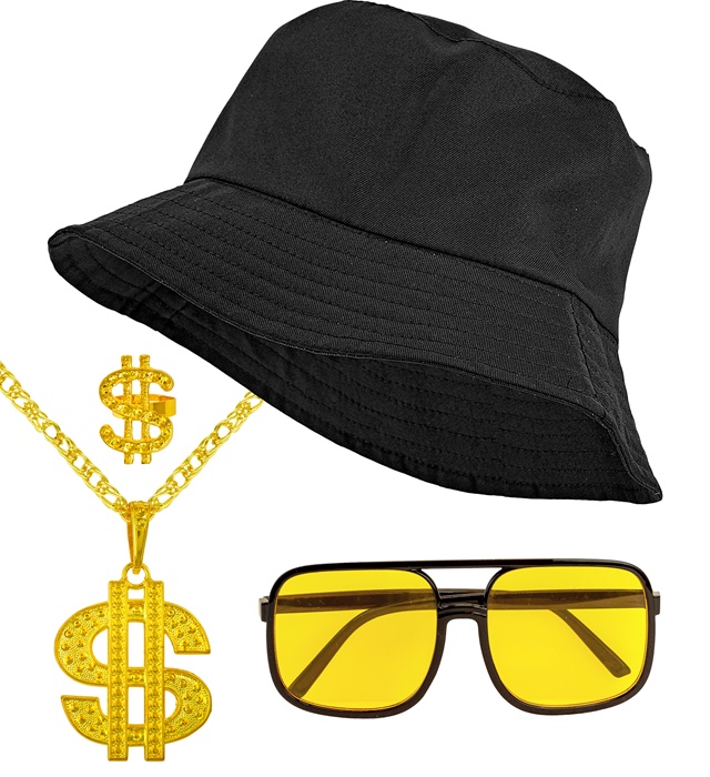 "MODE HIP HOP ANNEES 90 - noir" (bonnet de pecheur, lunettes, collier, bague)