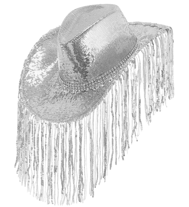[28597] "CHAPEAU COWBOY EN PAILLETTES AVEC STRASS ET FRANGES"