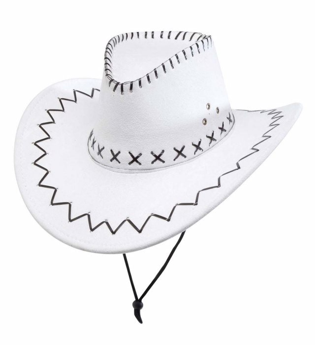 "CHAPEAU BLANC DE COW-BOY AVEC DECORATIONS" suedine