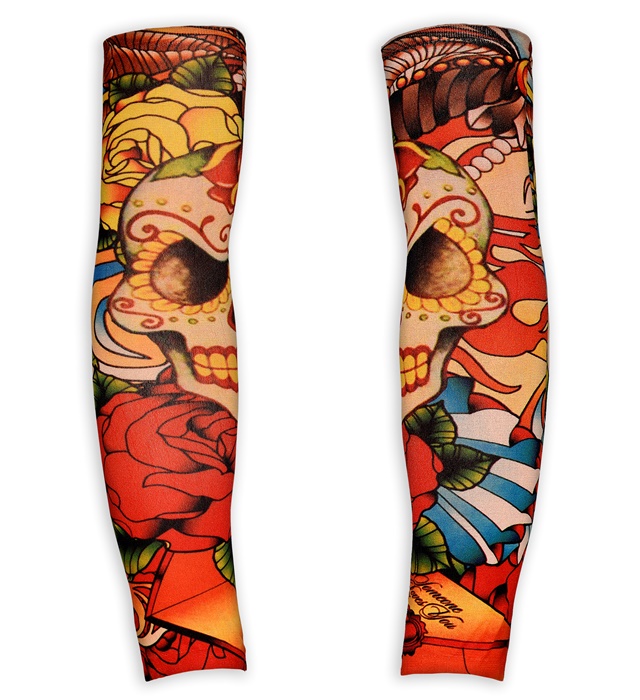 paire de "MANCHES TATOUEES CRANES ET ROSES" aspect naturel