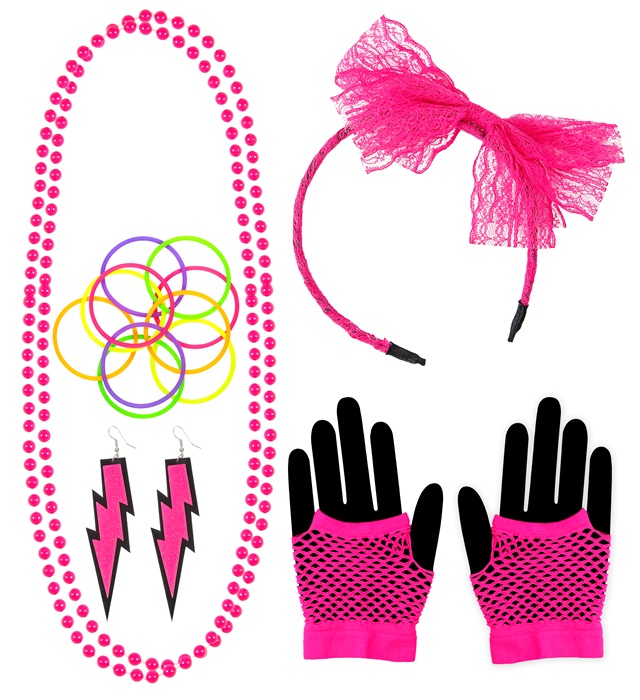 [29363] "ACCESSOIRES MODE ANNEES 80 ROSE FLUO" (bandeau noeud en dentelle, 2 colliers de perles, paire de boucles d'oreilles, paire de mitennes filet de peche, 10 bracelets
