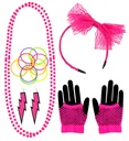 "ACCESSOIRES MODE ANNEES 80 ROSE FLUO" (bandeau noeud en dentelle, 2 colliers de perles, paire de boucles d'oreilles, paire de mitennes filet de peche, 10 bracelets
