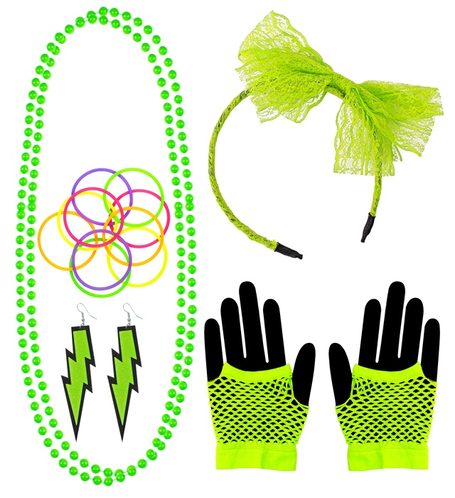 [29364] "ACCESSOIRES MODE ANNEES 80 VERT FLUO" (bandeau noeud en dentelle, 2 colliers de perles, paire de boucles d'oreilles, paire de mitennes filet de peche, 10 bracelets