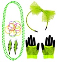 "ACCESSOIRES MODE ANNEES 80 VERT FLUO" (bandeau noeud en dentelle, 2 colliers de perles, paire de boucles d'oreilles, paire de mitennes filet de peche, 10 bracelets