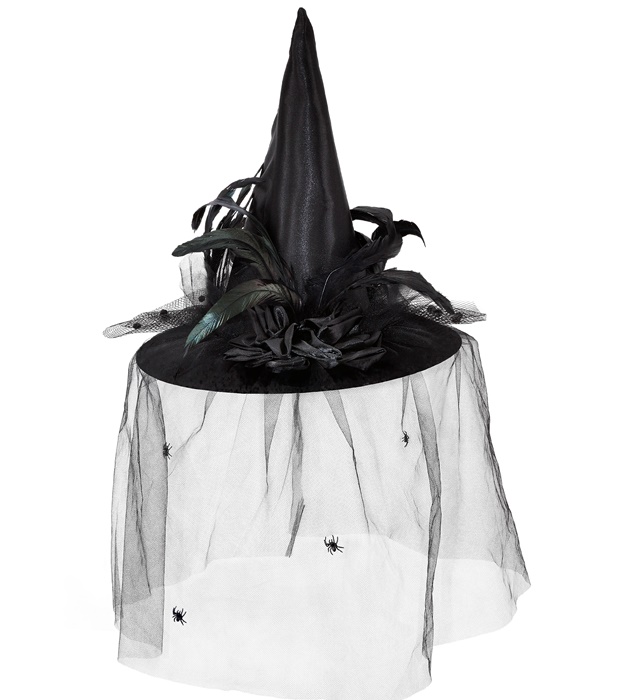"CHAPEAU SORCIÈRE AVEC TULLE, FLEURS ET PLUMES "
